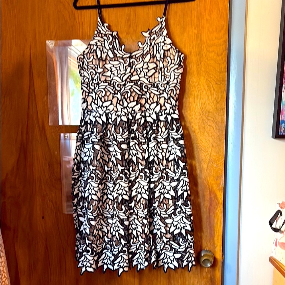 Aqua Women’s Black and White Lace Cutouts Midi Dress